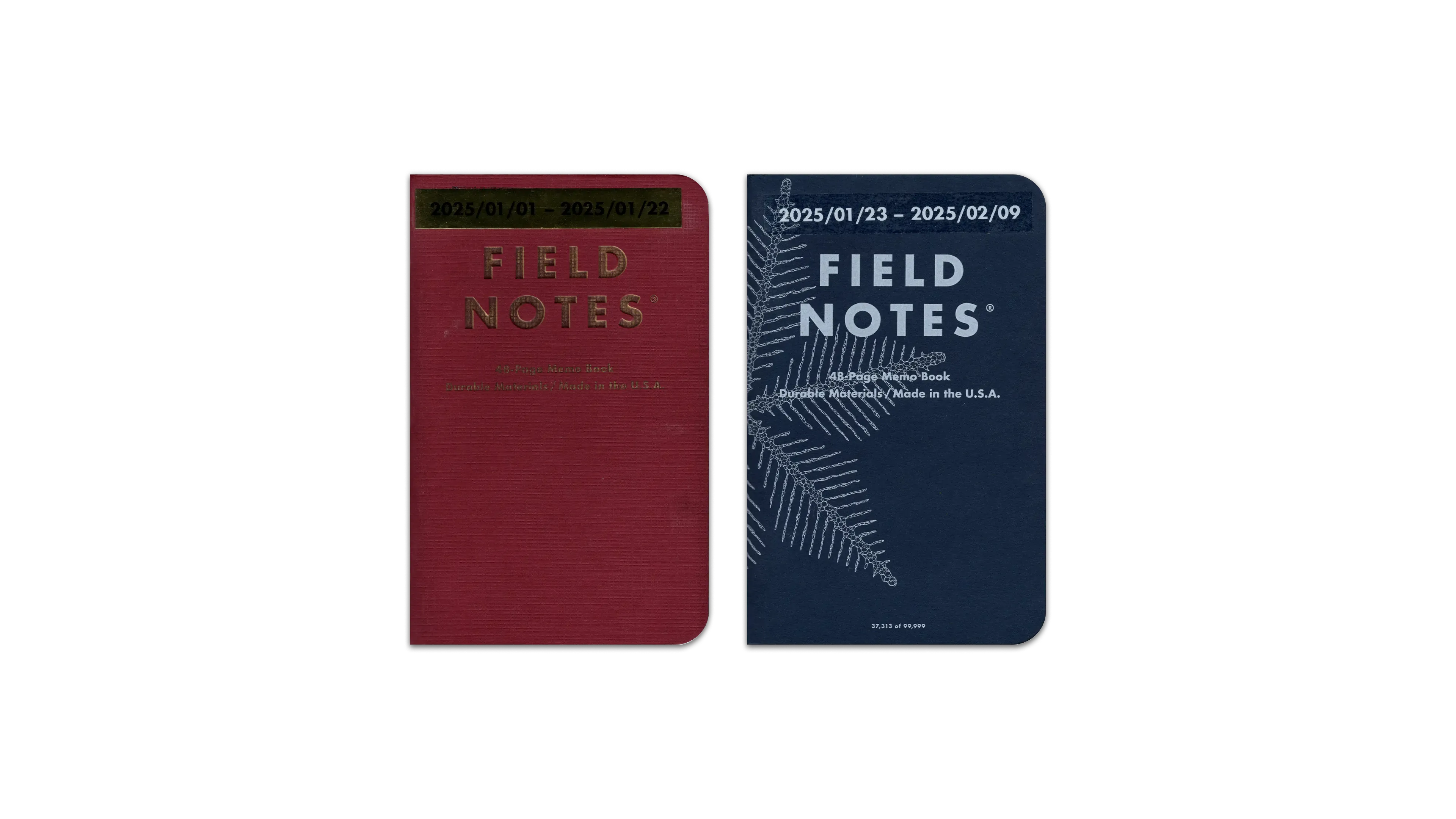 A digital scan of the covers of the journals I used during January, 2025. The first is the Field Notes “Vintage” edition pocket notebook, burgundy paper with gold lettering. The second is a Field Notes ”Snowy Evening” edition pocket notebook, dark blue paper and white lettering and a unique snowflake design.