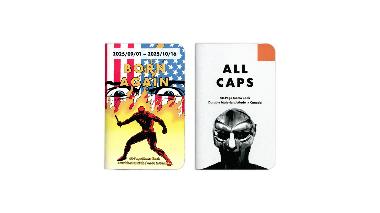 A digital scan of the cover of the journals I used during October, 2025. The first is a custom MIKIE NOTES 'Born Again' edition, featuring the cover artwork of Daredevil #232. The second is a custom MIKIE NOTES 'All Caps' edition, featuring the cover artwork of Madvillainy's Madvillain.