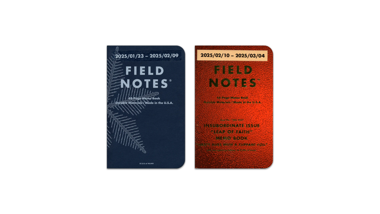 A digital scan of the covers of the journals I used during February, 2025. The first is the Field Notes ”Snowy Evening” edition pocket notebook, dark blue paper and white lettering and a unique snowflake design. The second is the DDC x Field Notes “Leap of Faith” edition pocket notebook, featuring neon orange paper with neon green foil lettering.