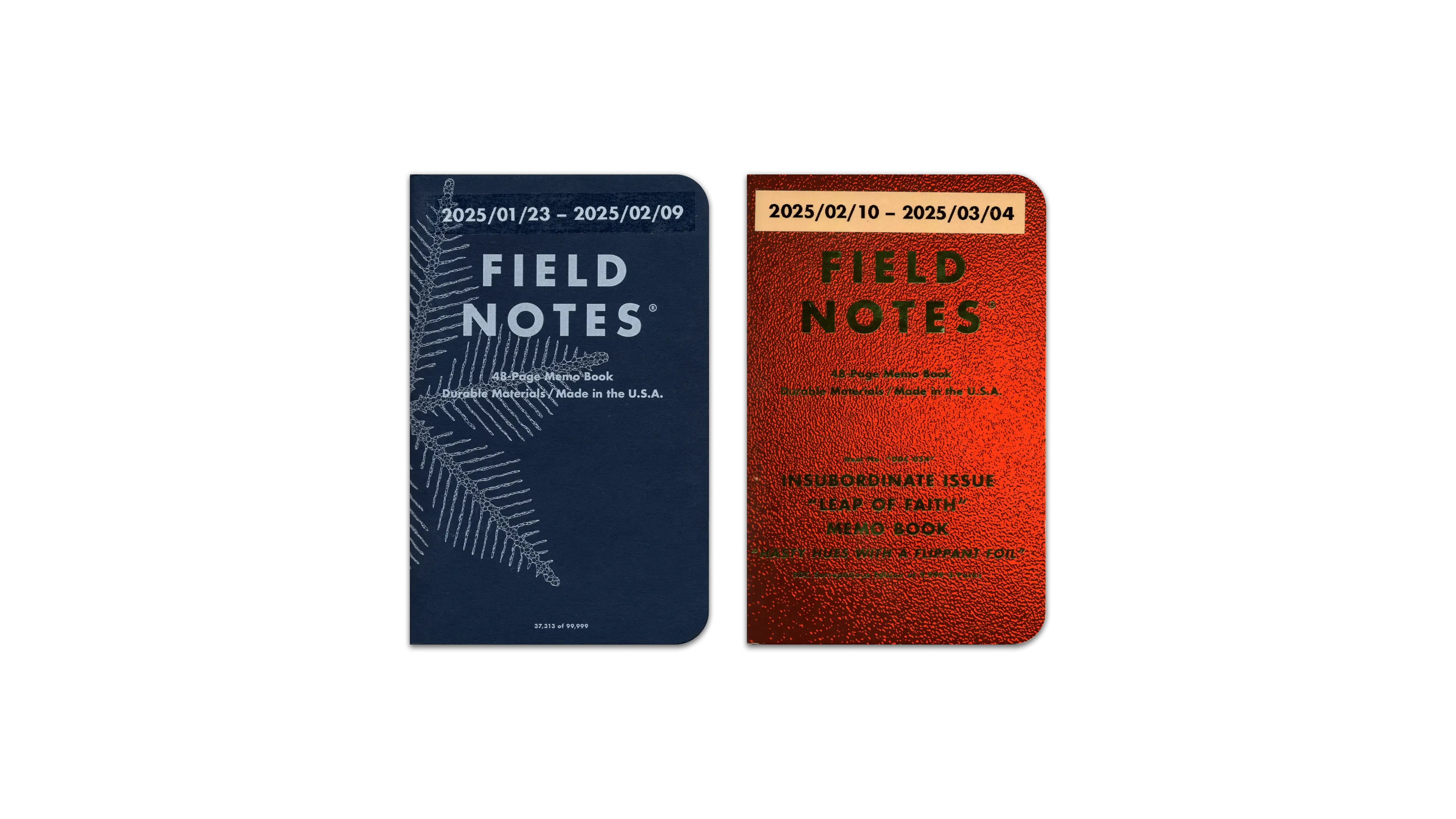 A digital scan of the covers of the journals I used during February, 2025. The first is the Field Notes ”Snowy Evening” edition pocket notebook, dark blue paper and white lettering and a unique snowflake design. The second is the DDC x Field Notes “Leap of Faith” edition pocket notebook, featuring neon orange paper with neon green foil lettering.