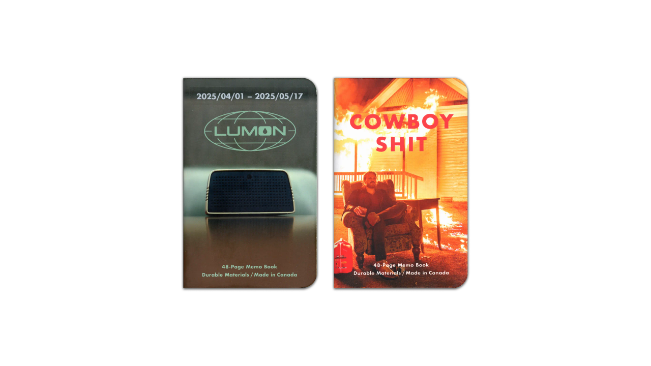 A digital scan of the cover of the journals I used during May, 2025. The first is a custom MIKIE NOTES ‘Lumon Industries’ edition, featuring an image of a conference speaker on a desk, from a episode of Severance, Season 1. The second s a custom MIKIE NOTES ‘Cowboy Shit’ edition, featuring an image of a ‘Hangman’ Adam Page sitting in an arm chair drinking a glass of whiskey on the lawn of a home he had just burned down, from an episode of AEW Dynamite.