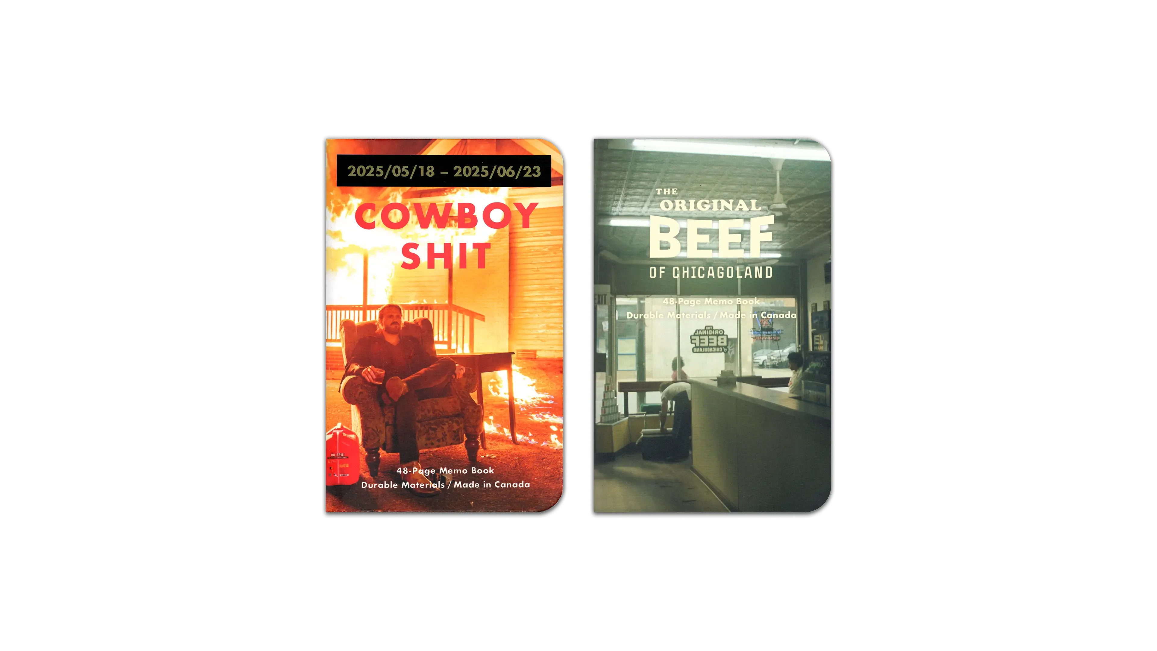 A digital scan of the cover of the journals I used during June, 2025. The first is a custom MIKIE NOTES ‘Cowboy Shit’ edition, featuring an image of a ‘Hangman’ Adam Page sitting in an arm chair drinking a glass of whiskey on the lawn of a home he had just burned down, from an episode of AEW Dynamite. The second is a custom MIKIE NOTES ‘The Original Beef of Chicagoland’ edition, featuring an image of a the interior of The Beef, a fictional restaurant from the TV show The Bear.