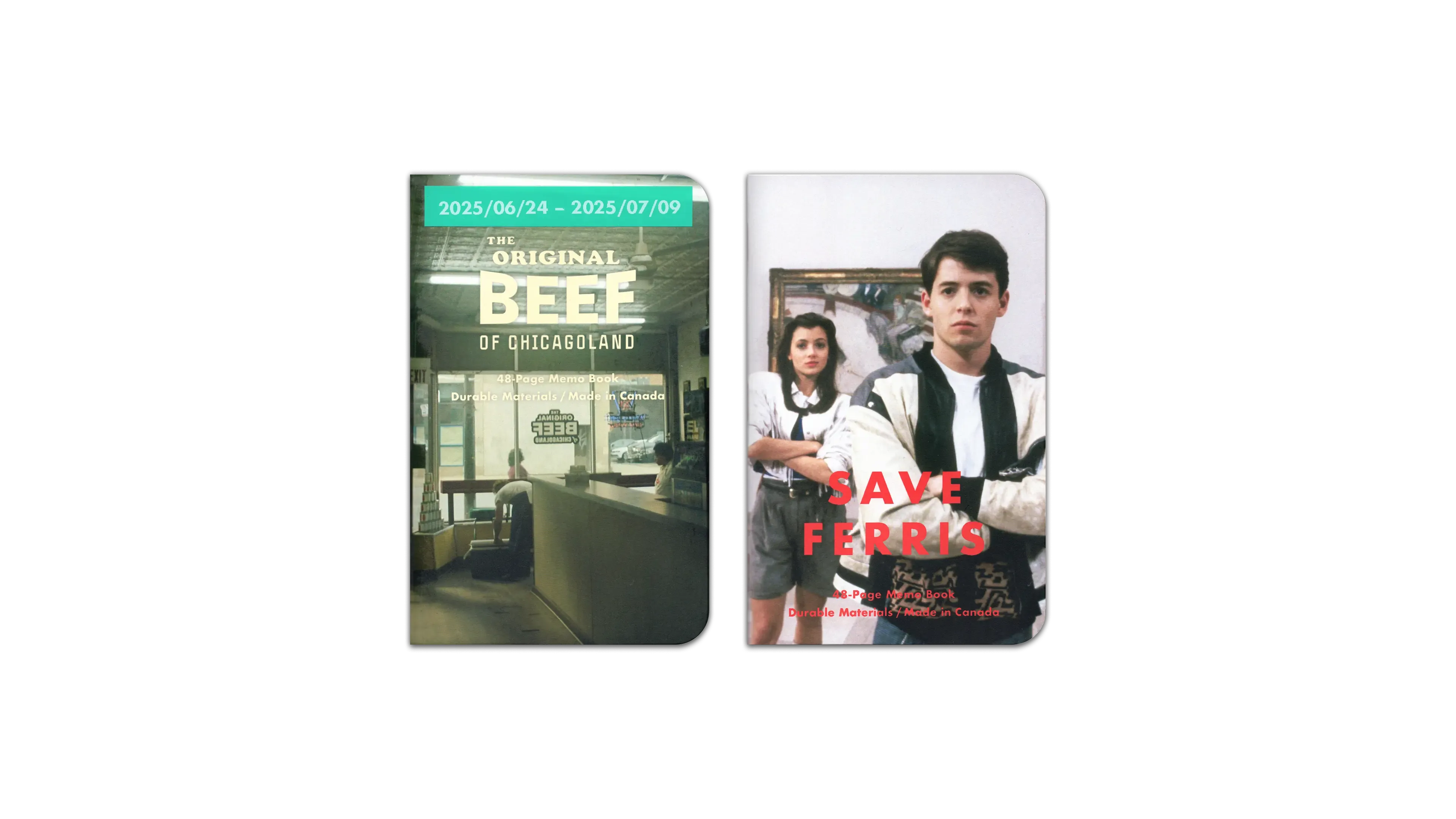 A digital scan of the cover of the journals I used during July, 2025. The first is a custom MIKIE NOTES 'The Original Beef of Chicagoland' edition, featuring an image of a the interior of The Beef, a fictional restaurant from the TV show The Bear. The second is a custom MIKIE NOTES 'Save Ferris edition, featuring a scene of Matthew Broderick and Mia Sara taking in some fine art at the Art Institute of Chicago from the 1985 film Ferris Bueller's Day Off.