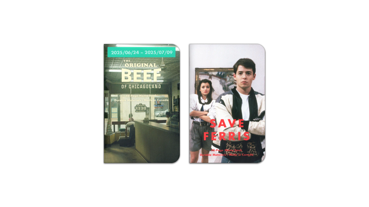 A digital scan of the cover of the journals I used during July, 2025. The first is a custom MIKIE NOTES 'The Original Beef of Chicagoland' edition, featuring an image of a the interior of The Beef, a fictional restaurant from the TV show The Bear. The second is a custom MIKIE NOTES 'Save Ferris edition, featuring a scene of Matthew Broderick and Mia Sara taking in some fine art at the Art Institute of Chicago from the 1985 film Ferris Bueller's Day Off.