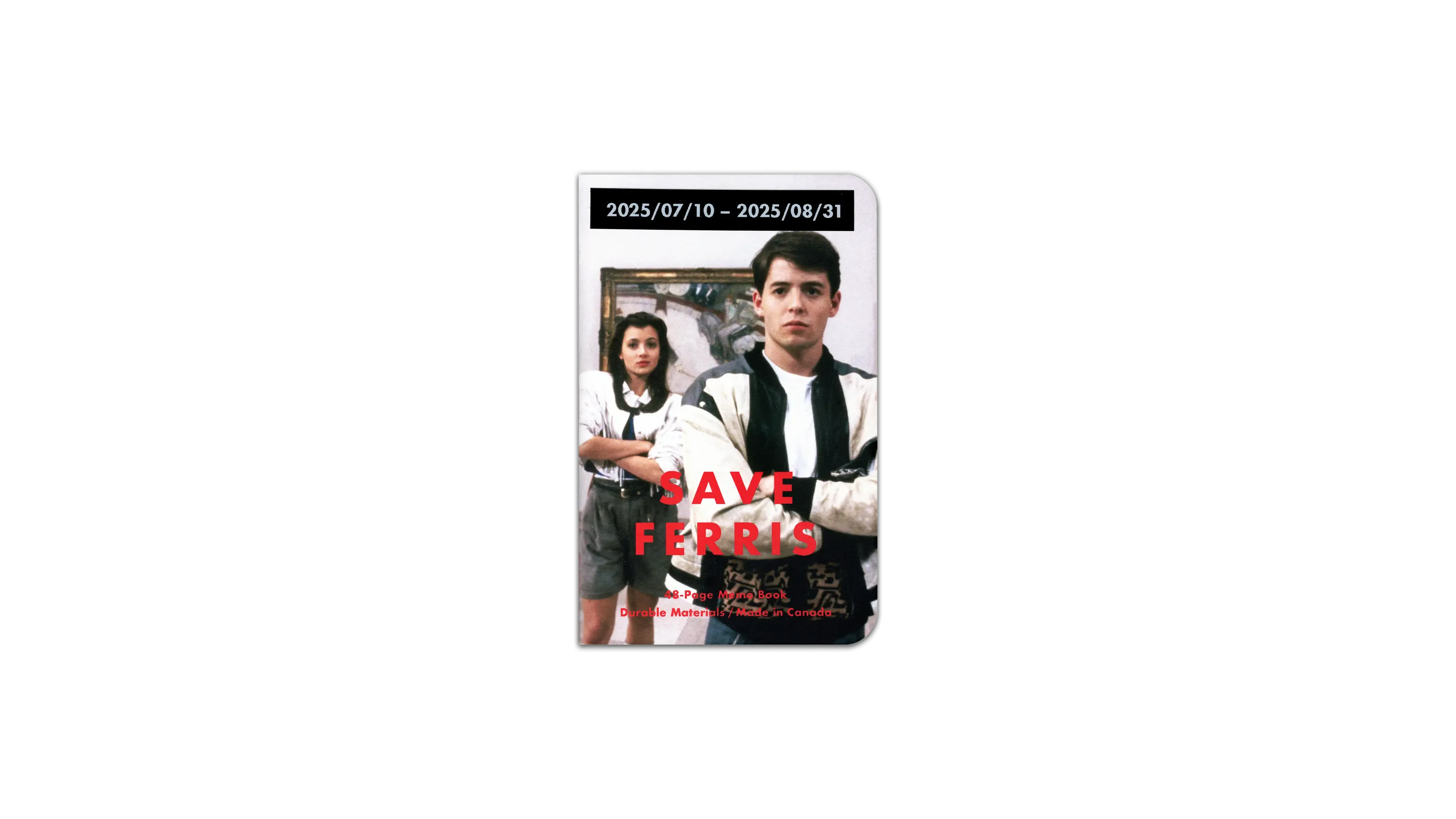 A digital scan of the cover of the journal I used during August, 2025. It's a custom MIKIE NOTES 'Save Ferris' edition, featuring a scene of Matthew Broderick and Mia Sara taking in some fine art at the Art Institute of Chicago from the 1985 film Ferris Bueller's Day Off.